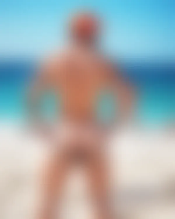 Muscular man with inked arms and orange cap bareback on a sun-drenched beach gazing at turquoise water under clear sky