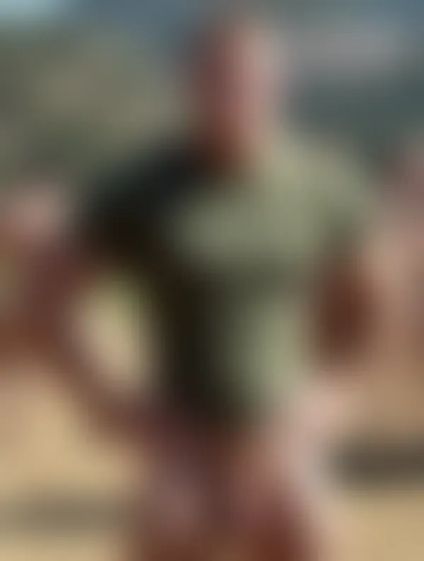 Muscular men with olive tees and red caps in gym and outdoor settings; intense gazes, defined abs, thick body hair, and 